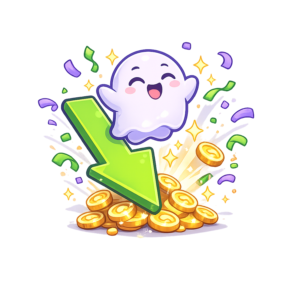 Mascota de PriceGhost festejando una baja de precio cazada