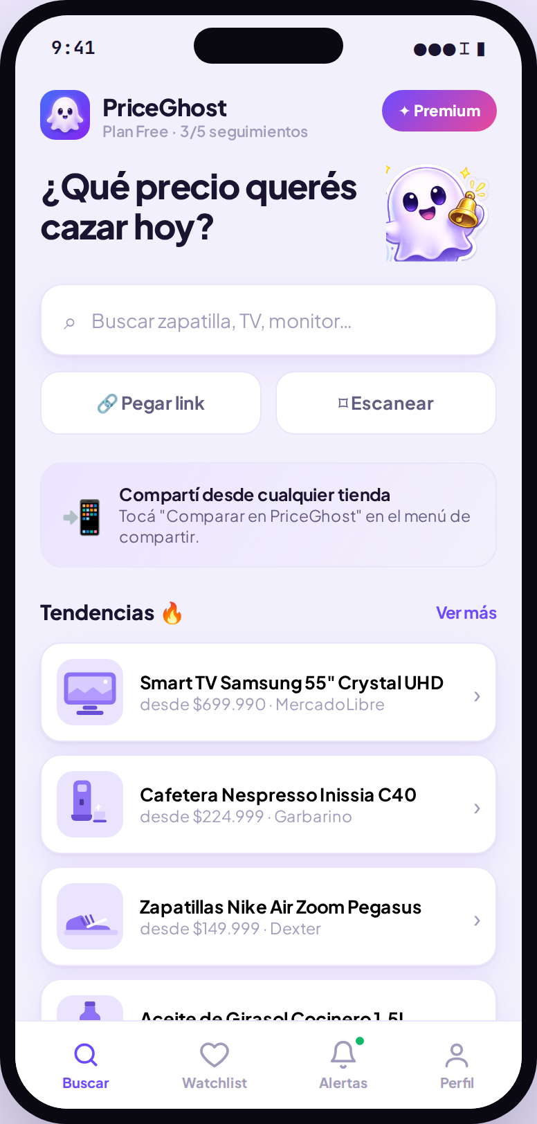 App PriceGhost: pantalla de inicio para buscar o pegar el link de un producto