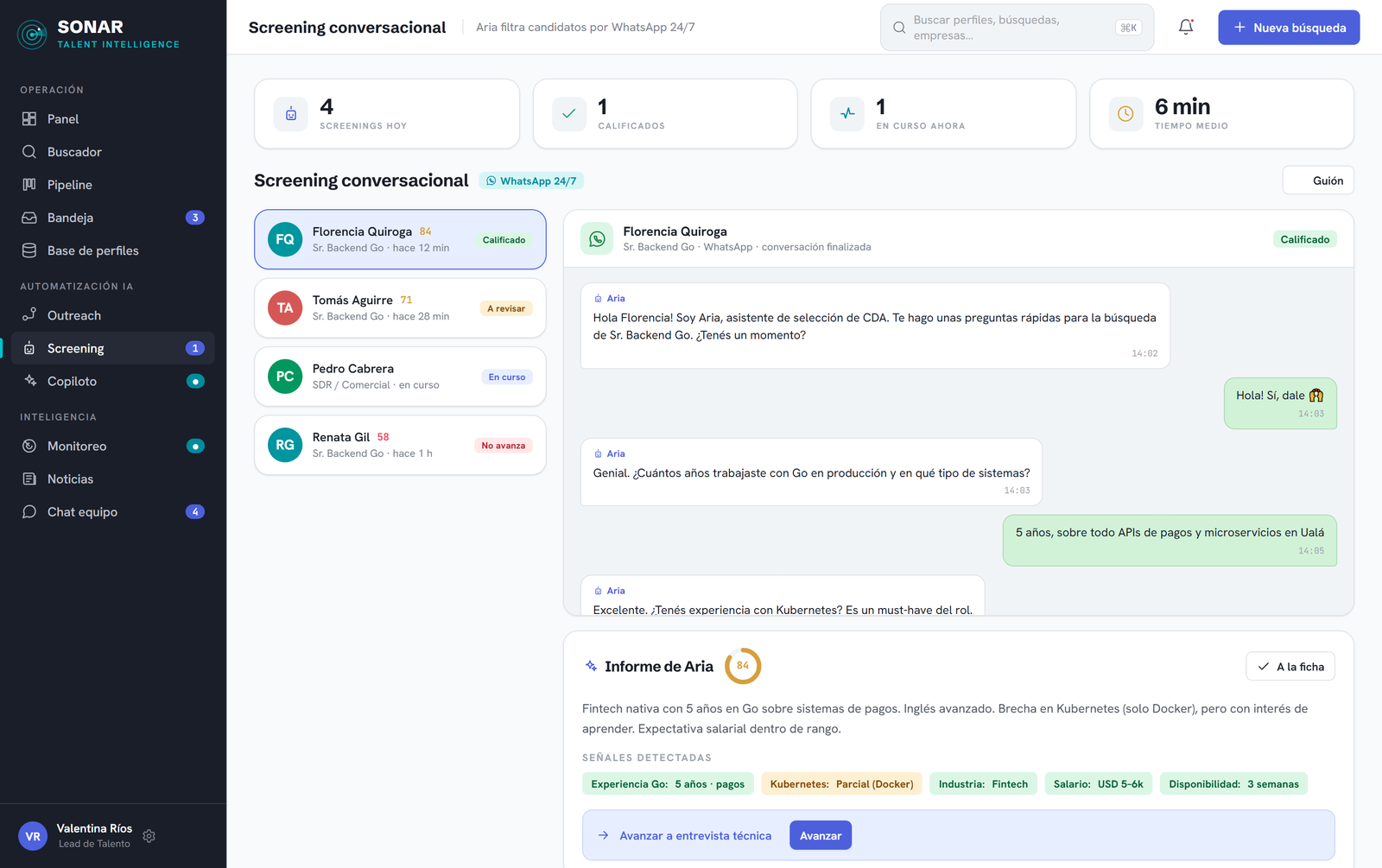 SONAR — screening 24/7 con Aria por WhatsApp